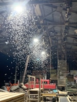 A dimly lit industrial setting with numerous small insects or particles illuminated by the overhead lights. Various equipment and machinery, including a tractor and a chainsaw, are visible among stacks of wood and other tools. Vintage signs are displayed on the walls.