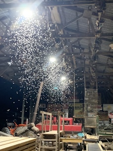A dimly lit industrial setting with numerous small insects or particles illuminated by the overhead lights. Various equipment and machinery, including a tractor and a chainsaw, are visible among stacks of wood and other tools. Vintage signs are displayed on the walls.