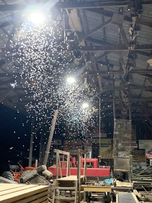 A dimly lit industrial setting with numerous small insects or particles illuminated by the overhead lights. Various equipment and machinery, including a tractor and a chainsaw, are visible among stacks of wood and other tools. Vintage signs are displayed on the walls.
