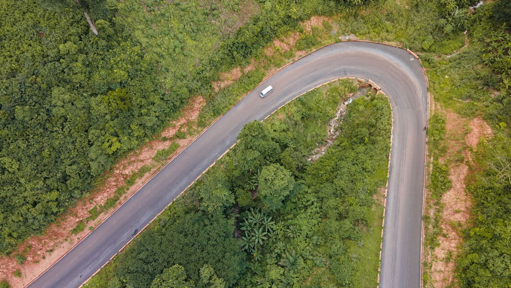 an aerial view of a winding road in the middle of a forest