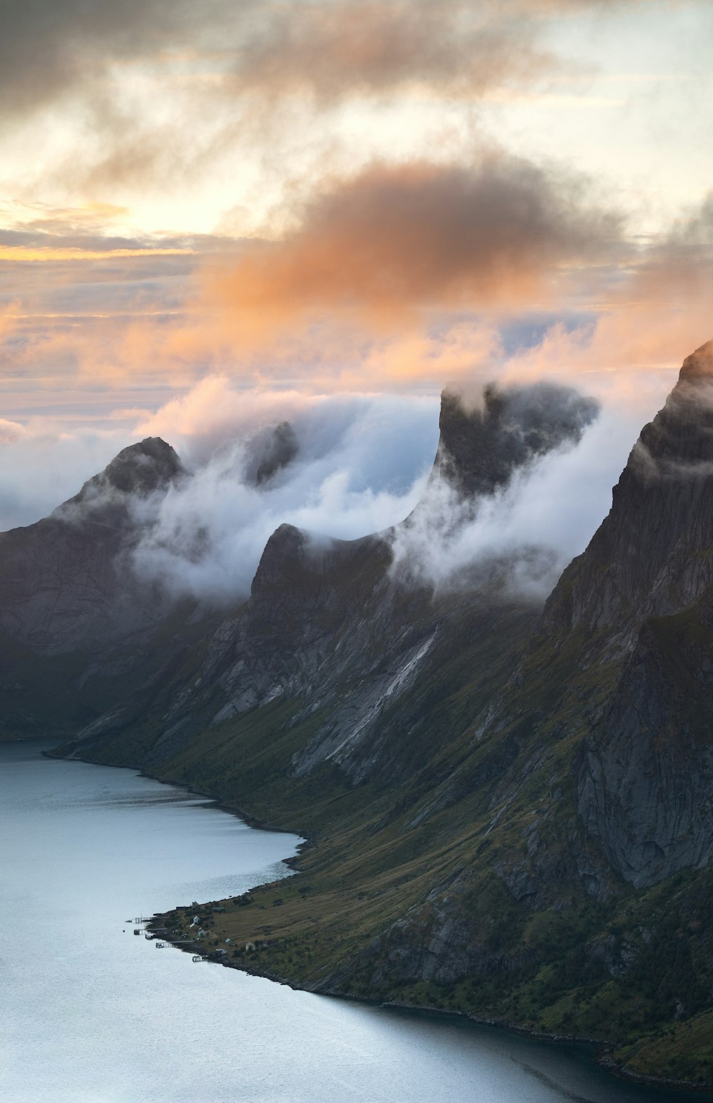 a large body of water surrounded by mountains