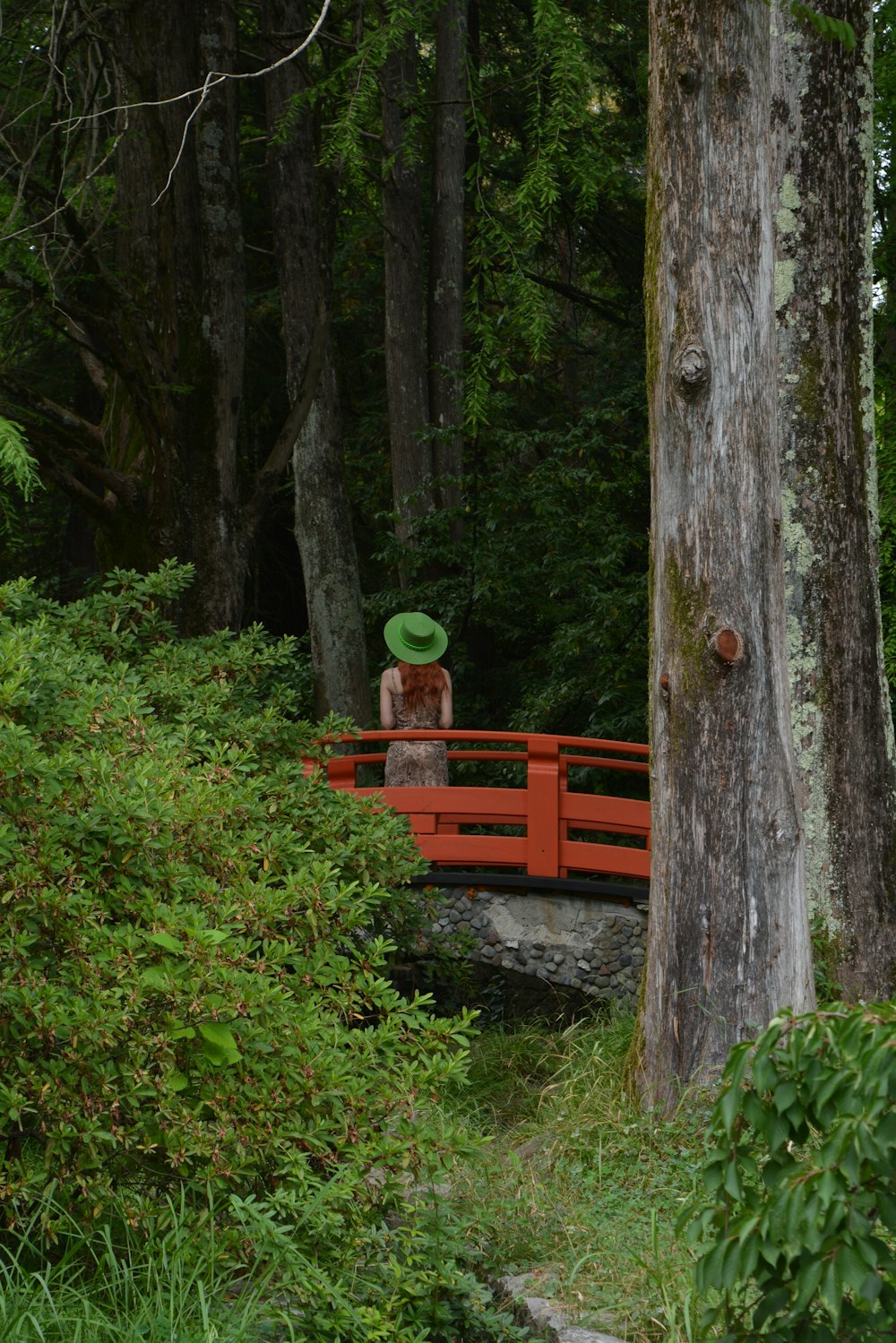 a woman in a green hat standing on a red bridge