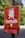 A metal box attached to a post features a red sign with a white cartoon illustration of a dog and the word 'Caninette' written underneath. Beneath the sign, a holder dispenses red plastic bags. The background is blurred, showing trees and pavement.