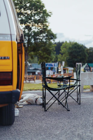 A campsite scene featuring a yellow camper van parked next to two green folding chairs with a small table between them. A white dog is lying on the ground, partially shaded by the camper van. Surrounding the site are picnic tables, trees, and some buildings in the background, indicating a casual outdoor setting.