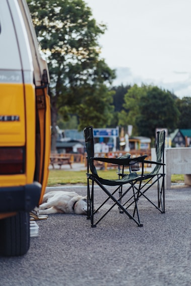 A campsite scene featuring a yellow camper van parked next to two green folding chairs with a small table between them. A white dog is lying on the ground, partially shaded by the camper van. Surrounding the site are picnic tables, trees, and some buildings in the background, indicating a casual outdoor setting.