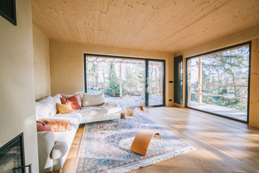 a living room with a couch and a rug