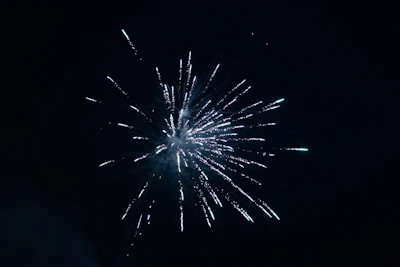 A dazzling fireworks burst lighting up the night sky over a festive outdoor concert.