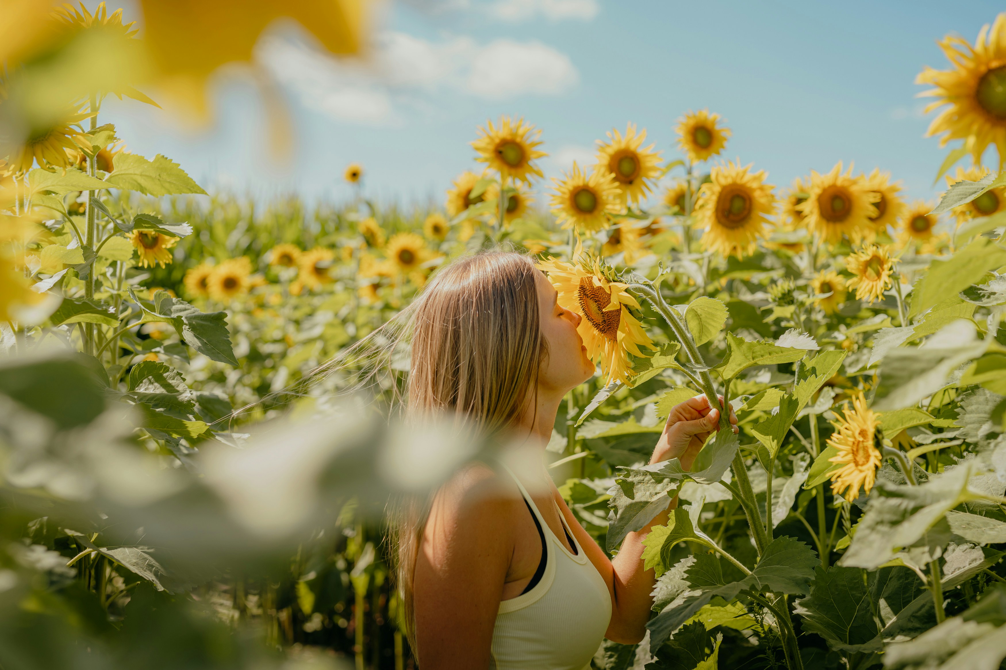 a woman standing in a field of sunflowers