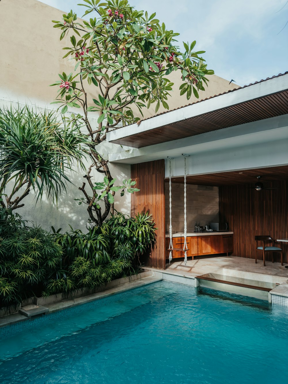 a pool with a tree in the middle of it