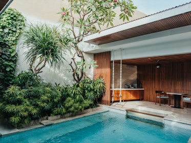 The inviting private pool area framed by earthy tones and tropical plants.