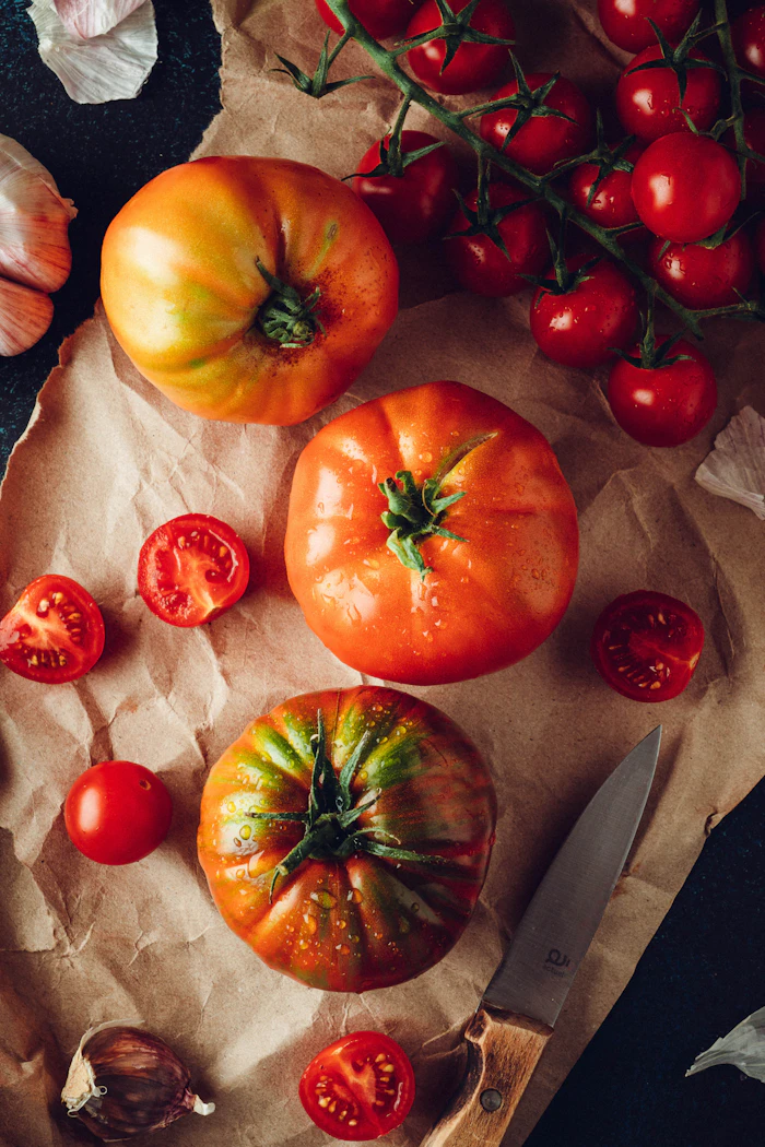Fresh tomatoes and garlic on a table