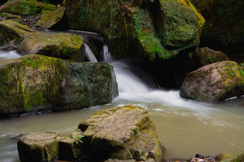 a stream of water running over rocks covered in moss