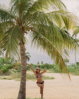 A stylish bikini set against a tropical backdrop.