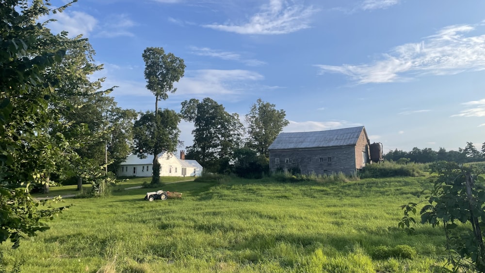 a farm with a barn and two cows in a field