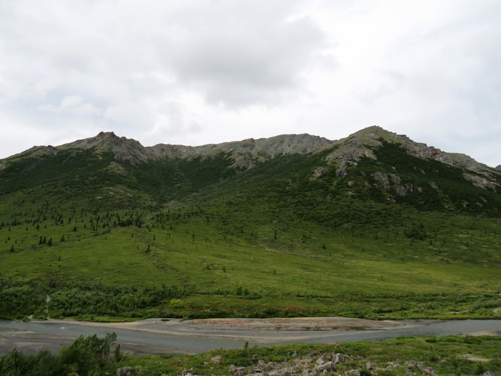 Una cadena montañosa con una carretera en primer plano