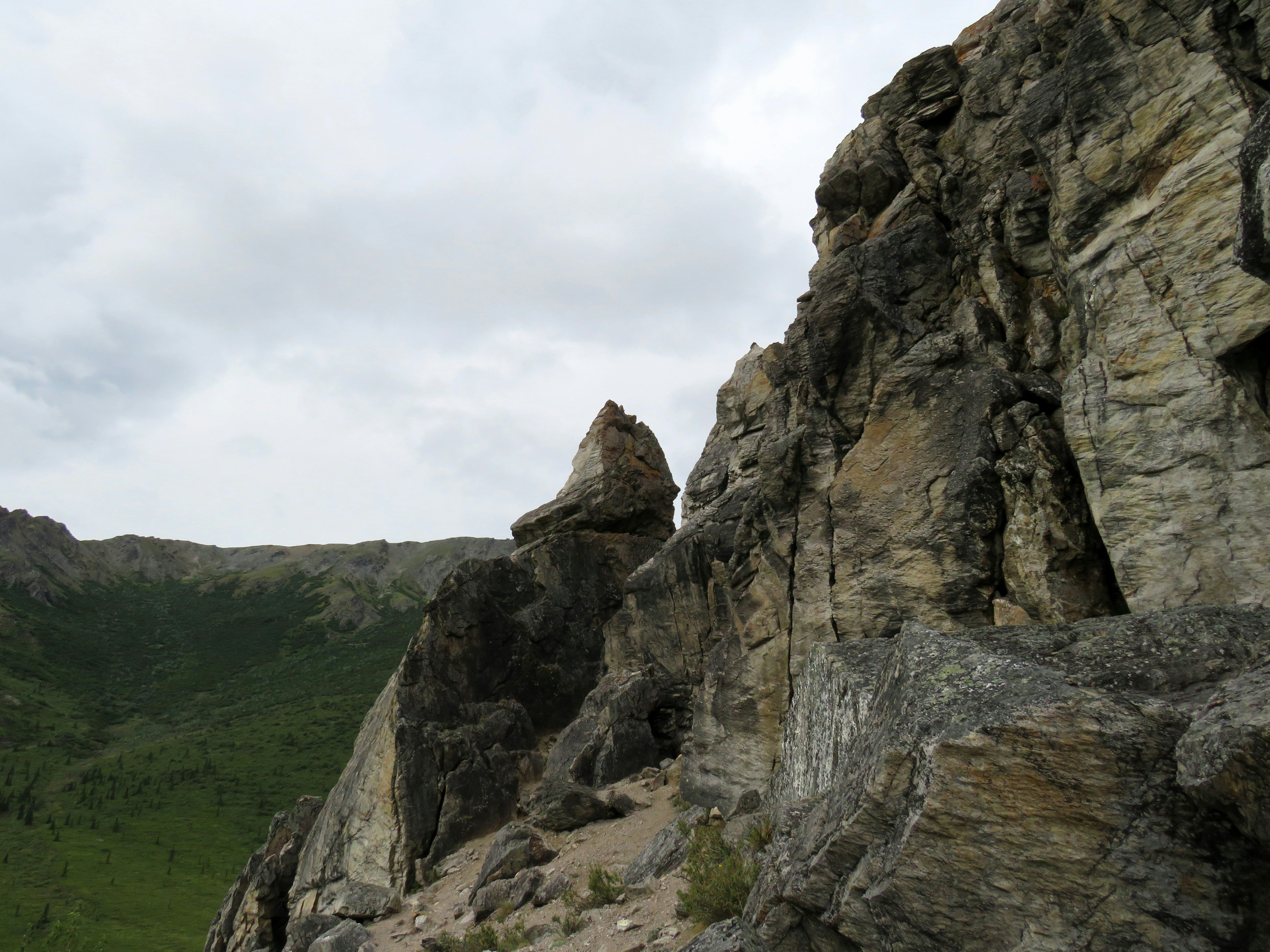 a rocky cliff with a green valley in the background, 