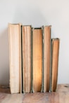 a row of books sitting on top of a wooden table