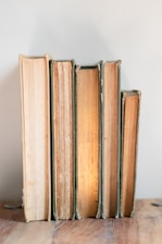 a row of books sitting on top of a wooden table
