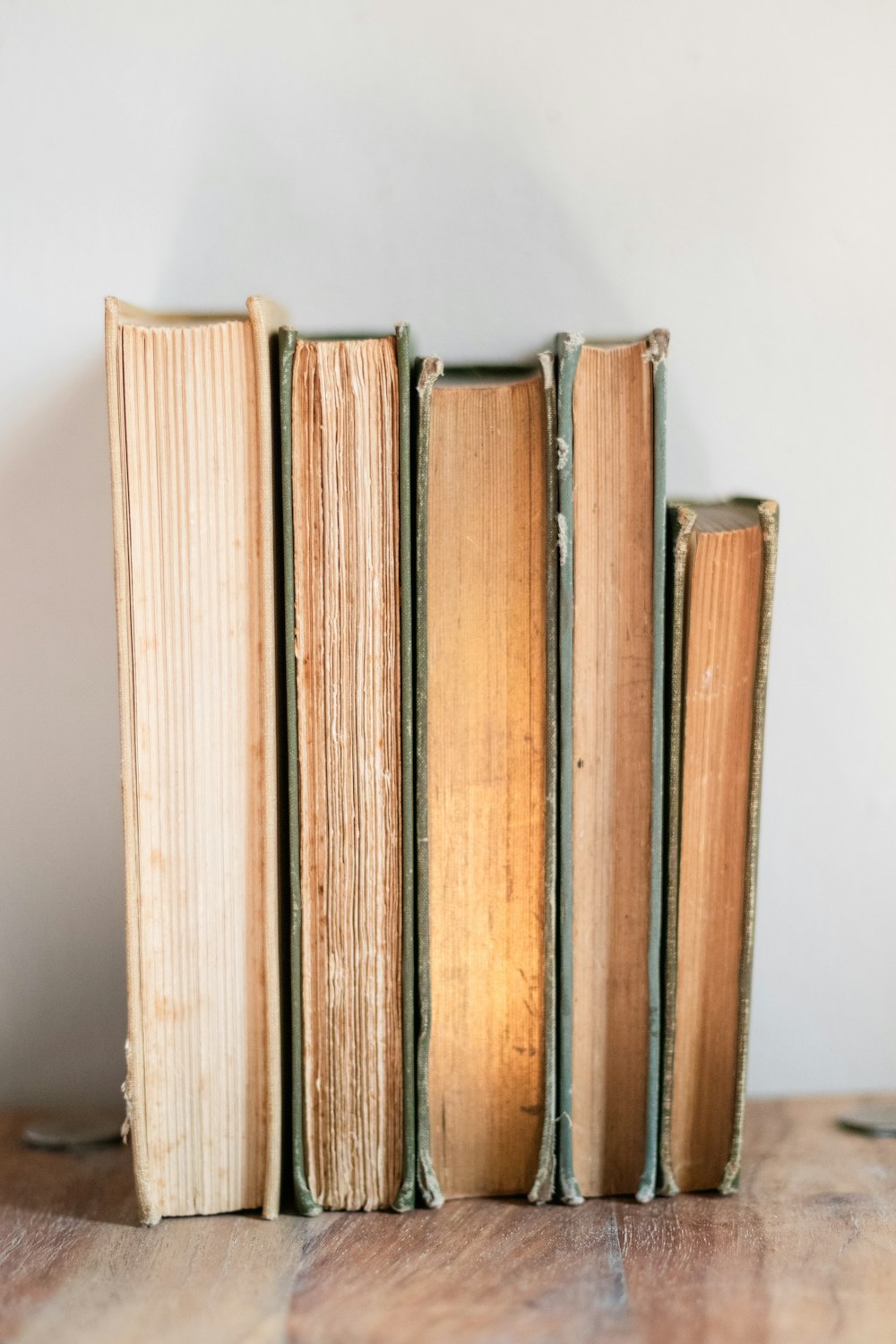 a row of books sitting on top of a wooden table