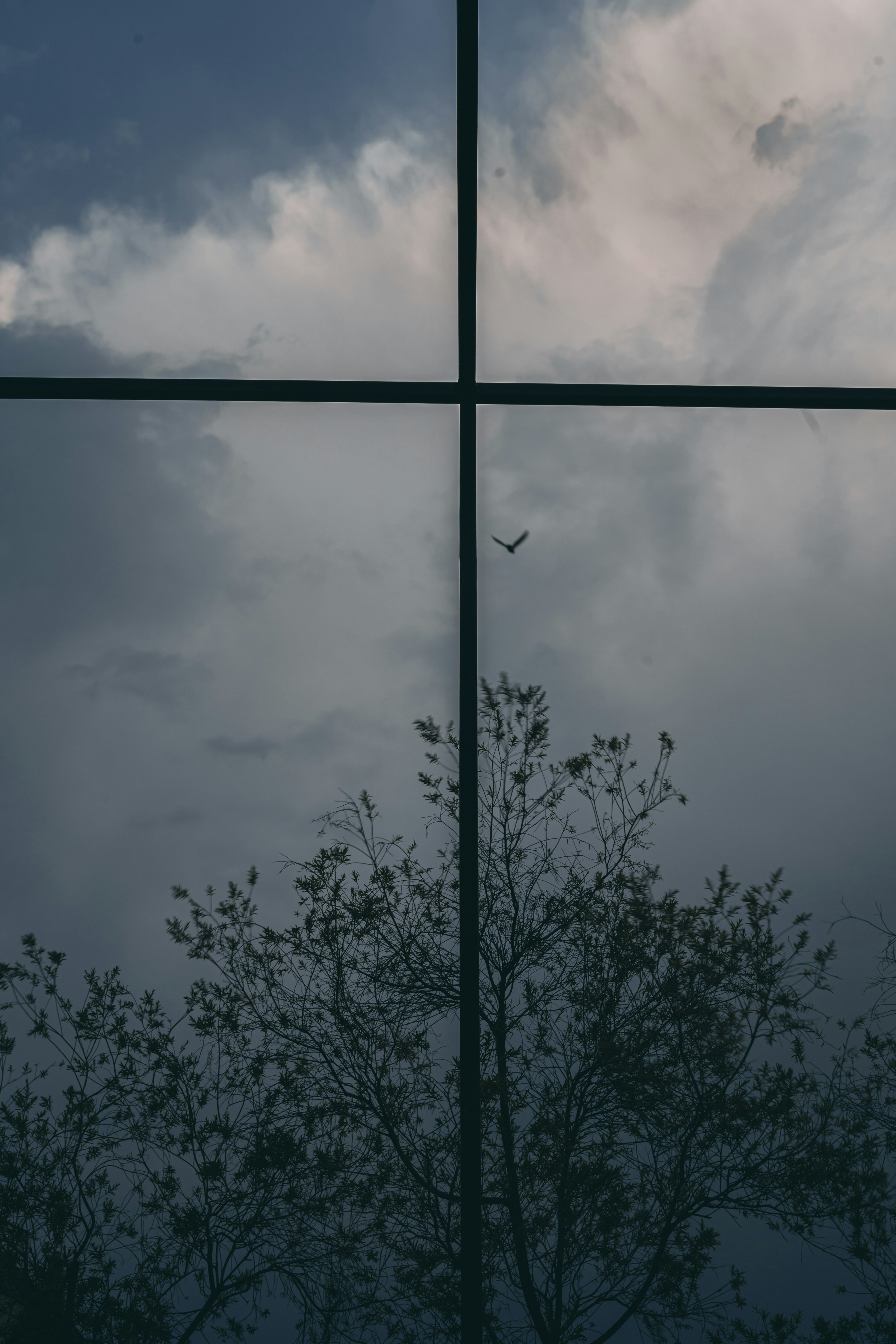 Una cruz se ve a través de la ventana de un edificio