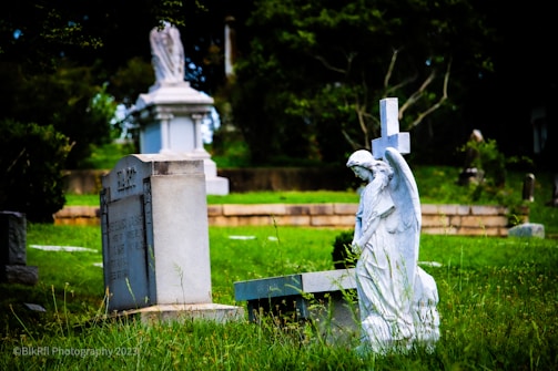 white dove release at cemetery with a statue of a woman holding a cross