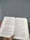 A person holds an open book with text written in a language resembling Hindi or Sanskrit. The book is held in a well-lit environment with a neutral wall in the background and a glimpse of a plant with small, pink flowers.