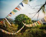 Colorful prayer flags fluttering against the crisp mountain air near a remote Himachal village.