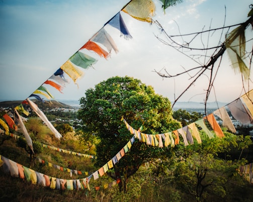 Colorful prayer flags fluttering in the mountain breeze above a remote village nestled in the valley.