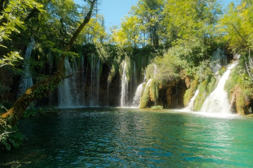A serene waterfall cascading into a crystal-clear spring surrounded by lush green gardens under soft sunlight.