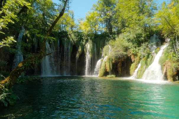 A serene waterfall cascading into a crystal-clear pool surrounded by dense jungle greenery.