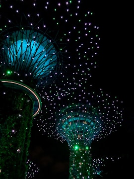Enormous tree-like structures illuminated with vibrant green and blue lights against a dark night sky. The canopies are covered with small glowing dots resembling stars, creating a futuristic and magical atmosphere.
