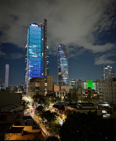 Panoramic night skyline of Madrid with illuminated modern skyscrapers reflecting financial strength and trust.