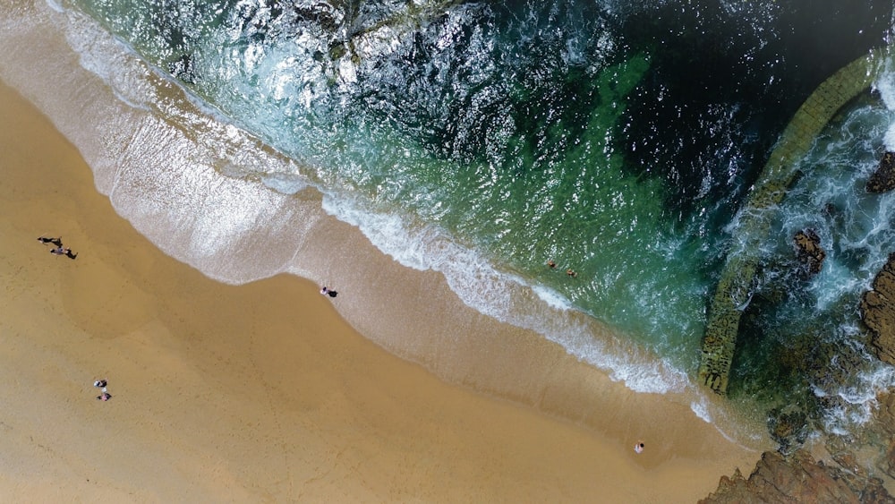 Luftaufnahme eines Strandes mit Menschen im Wasser