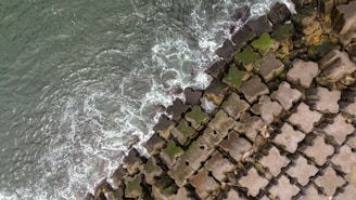 Aerial view of ocean waves crashing against large, star-shaped concrete tetrapods on a coastline. Some of the tetrapods are covered in green moss, highlighting the interaction between man-made structures and natural elements.