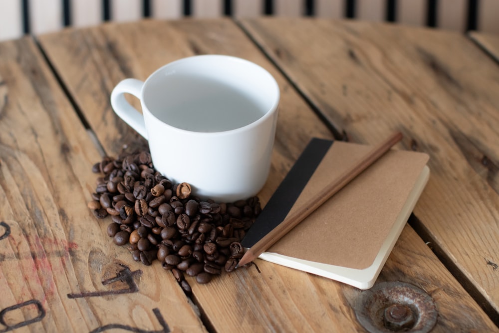 a cup of coffee sitting on top of a wooden table