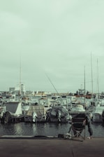 A fisherman sits on a folding chair with a fishing rod extended towards the water. In the background, numerous boats are moored at a harbor, covered with tarpaulins. The overall atmosphere is tranquil, with muted tones and a slightly overcast sky.