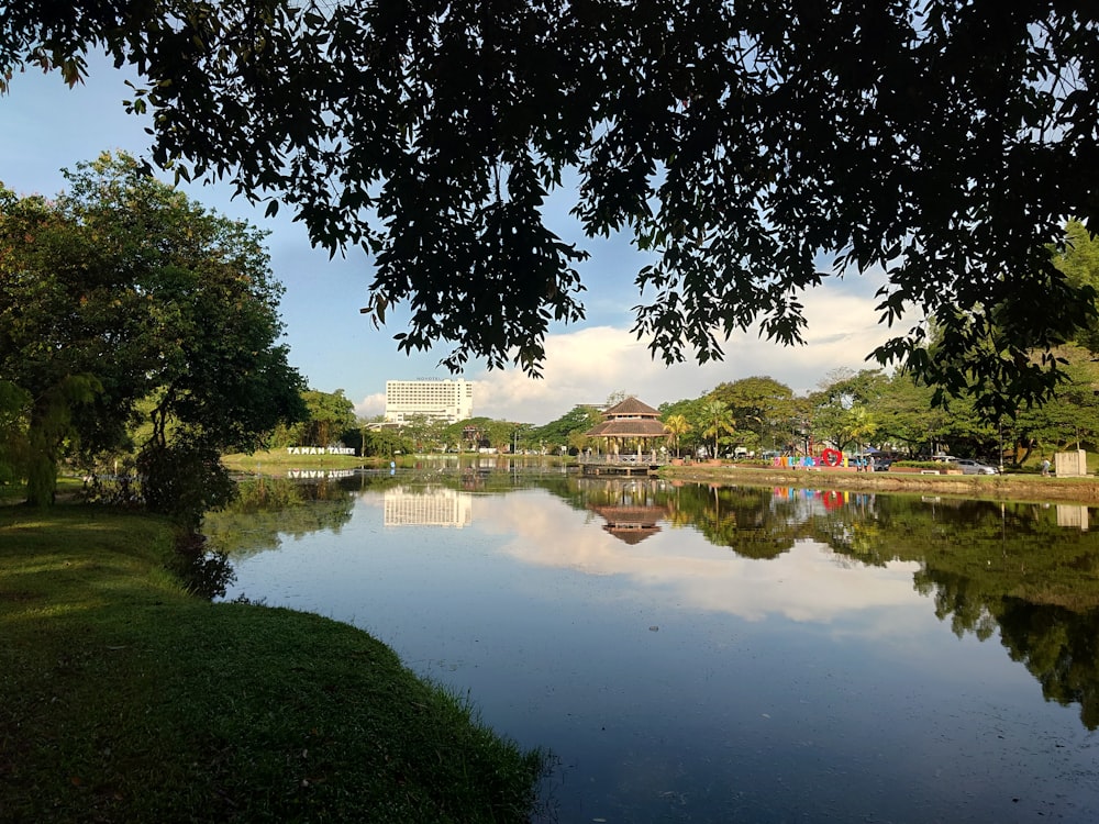 a body of water surrounded by trees and buildings