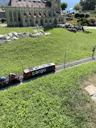 A model train labeled 'cargo' travels on miniature tracks next to a detailed architectural model of a building with gothic-style windows and a sloped roof. The scene is set amidst well-manicured grass and surrounded by small rocks and shrubs, with trees and a scenic backdrop in the distance.