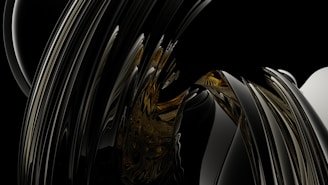 A complex abstract pattern composed of flowing, glossy black shapes intertwined with golden elements, creating a sense of depth and movement.