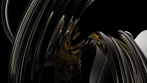 A complex abstract pattern composed of flowing, glossy black shapes intertwined with golden elements, creating a sense of depth and movement.