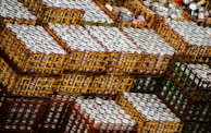 Rows of shiny beer kegs lined up inside the 德尔丰 factory warehouse.
