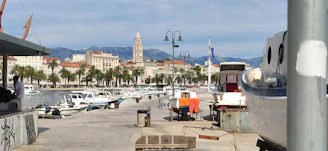 A picturesque marina with numerous small boats docked alongside a stone walkway. Palm trees line the opposite side of the waterfront, with historic buildings and a tall bell tower visible in the background. A person is standing near a small kiosk, and there's a large boat on land in the foreground.