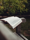 A serene outdoor scene with a book about personal development resting on a wooden bench.