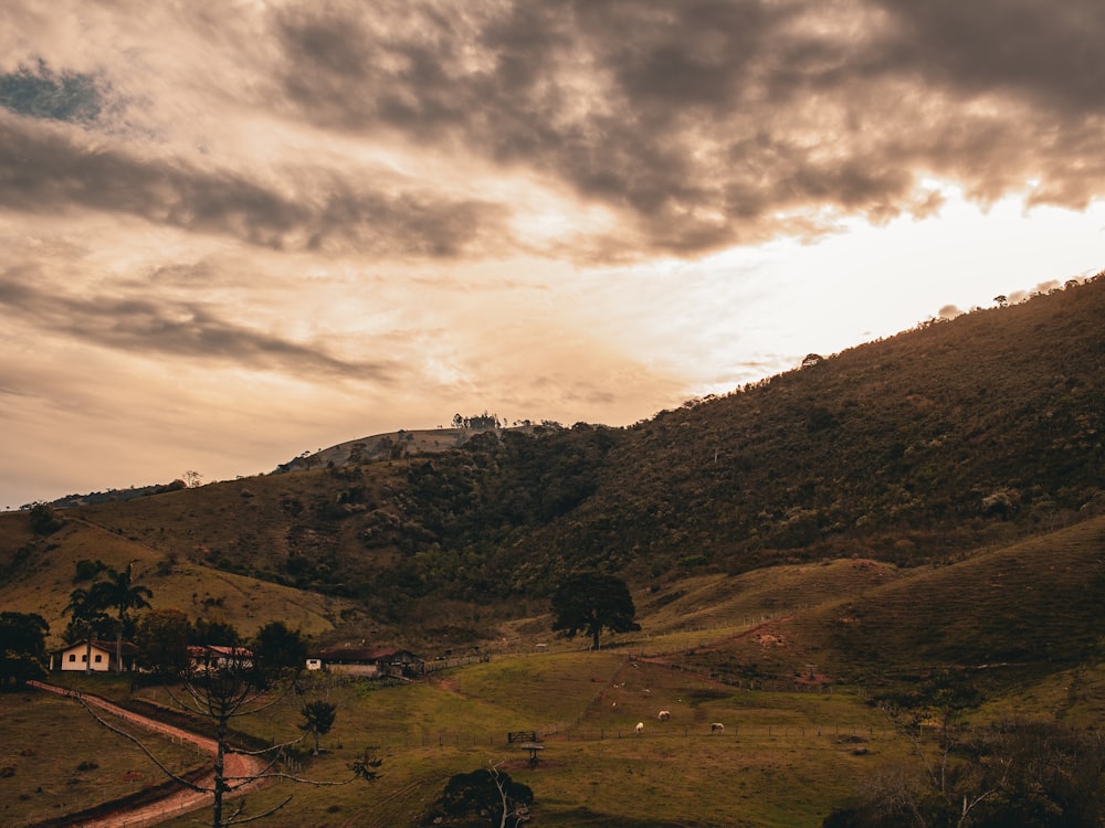 una colina con una casa en la cima bajo un cielo nublado