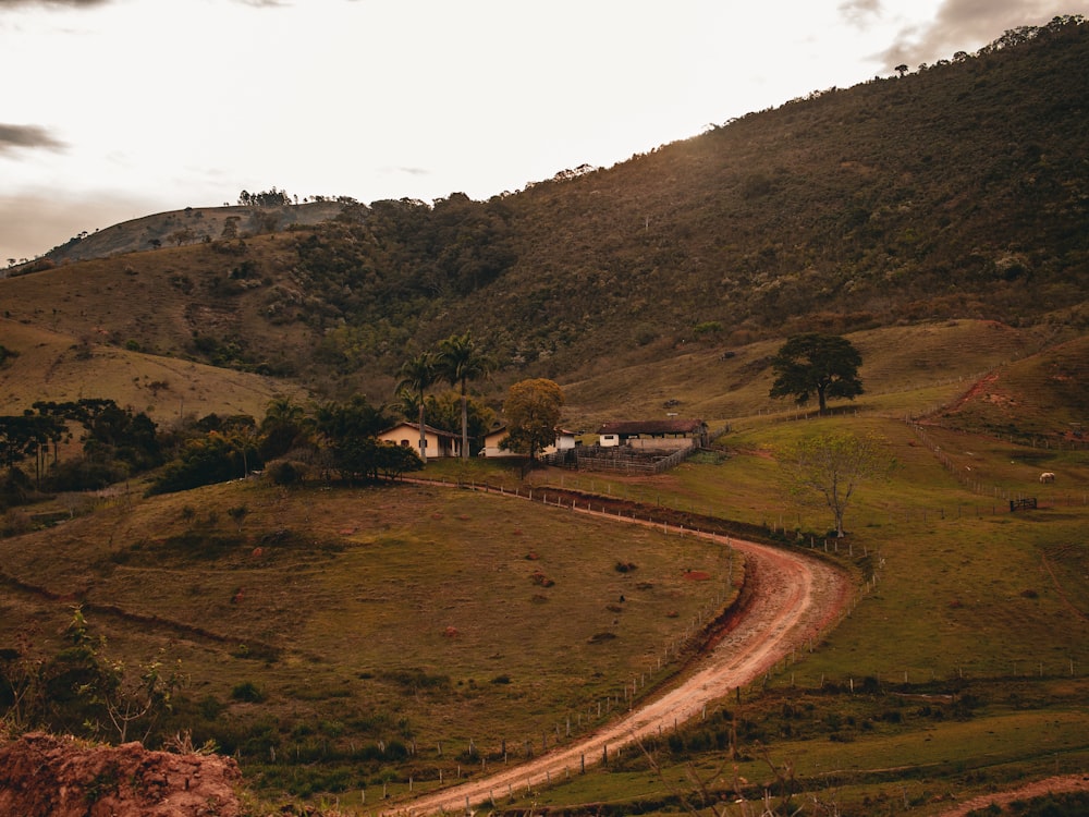 a dirt road winding through a lush green hillside