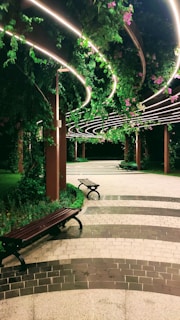 A serene garden pathway lined with lush greenery and modern stone benches under soft natural light
