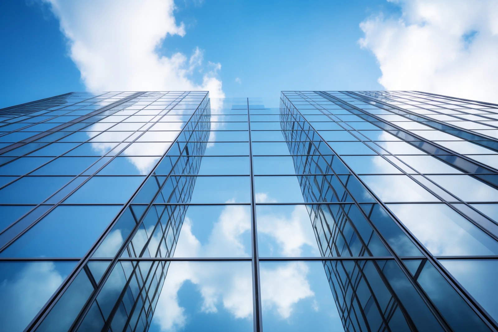 Blaue Glasfassade eines Bürogebäudes mit Wolkenspiegelung