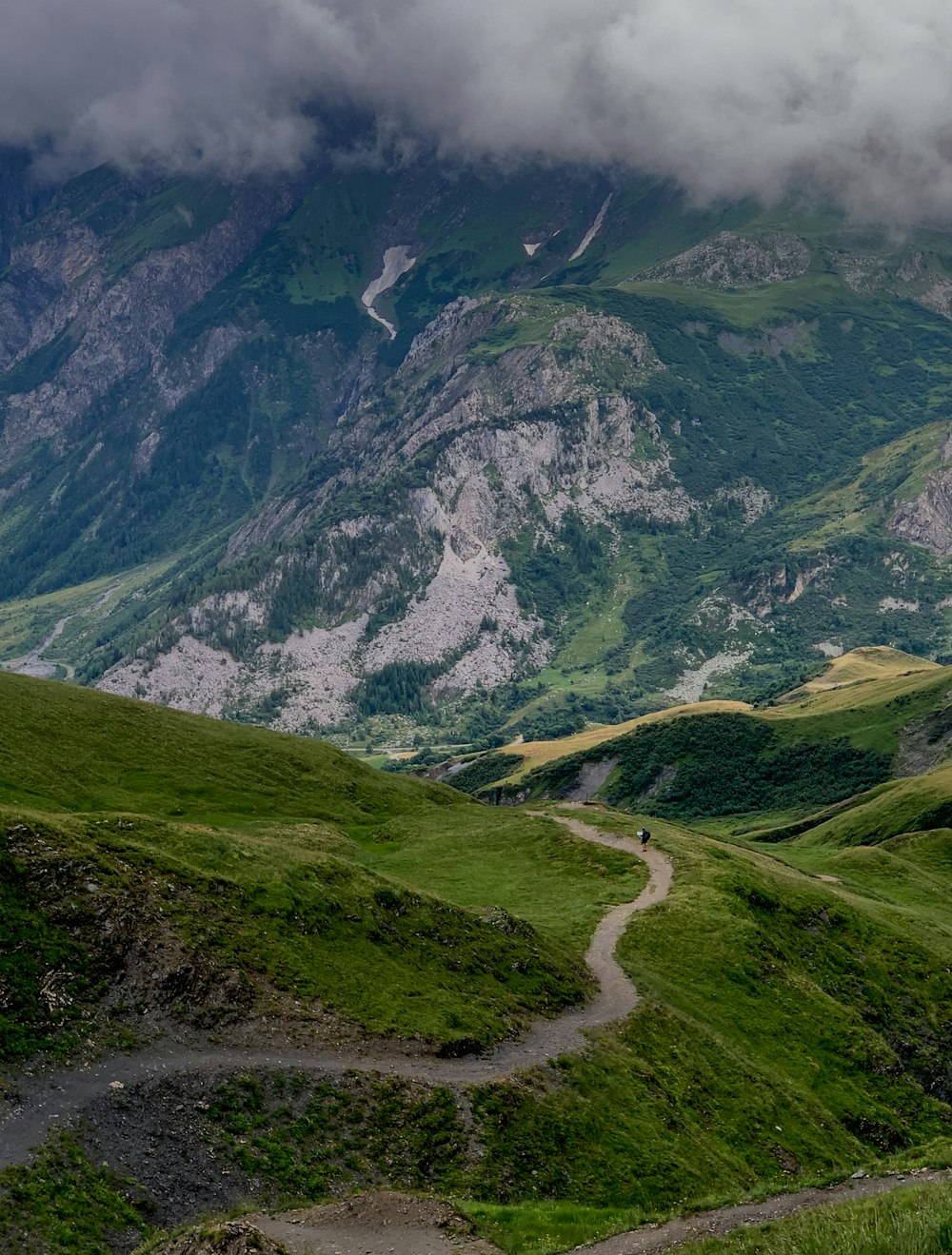 Una strada sterrata che si snoda attraverso una lussureggiante valle verde