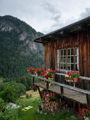 A cozy wooden cabin balcony overlooking lush terraced hills and dense jungle at sunset.