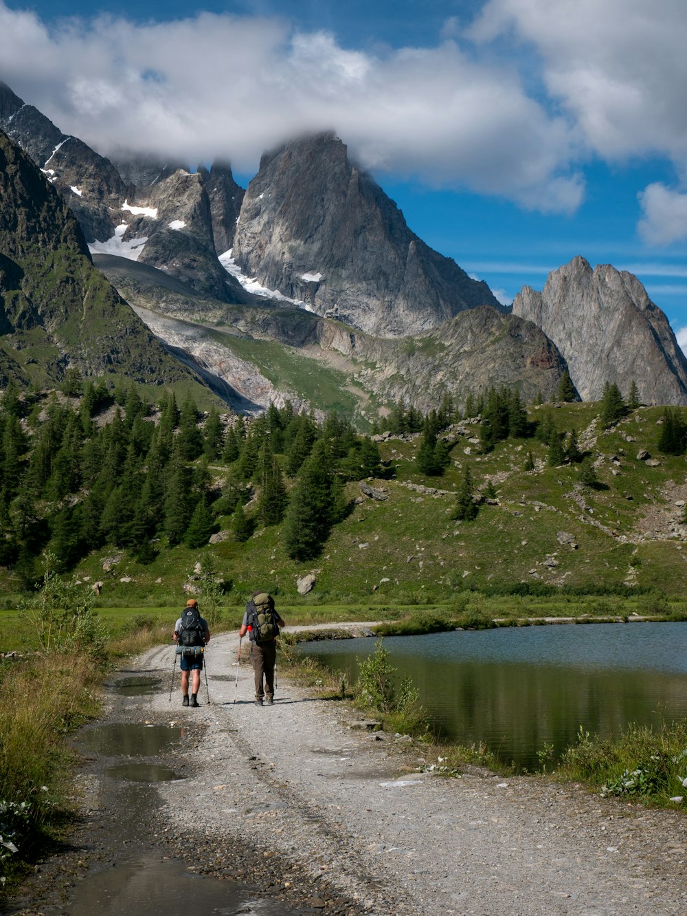 a couple of people walking down a dirt road